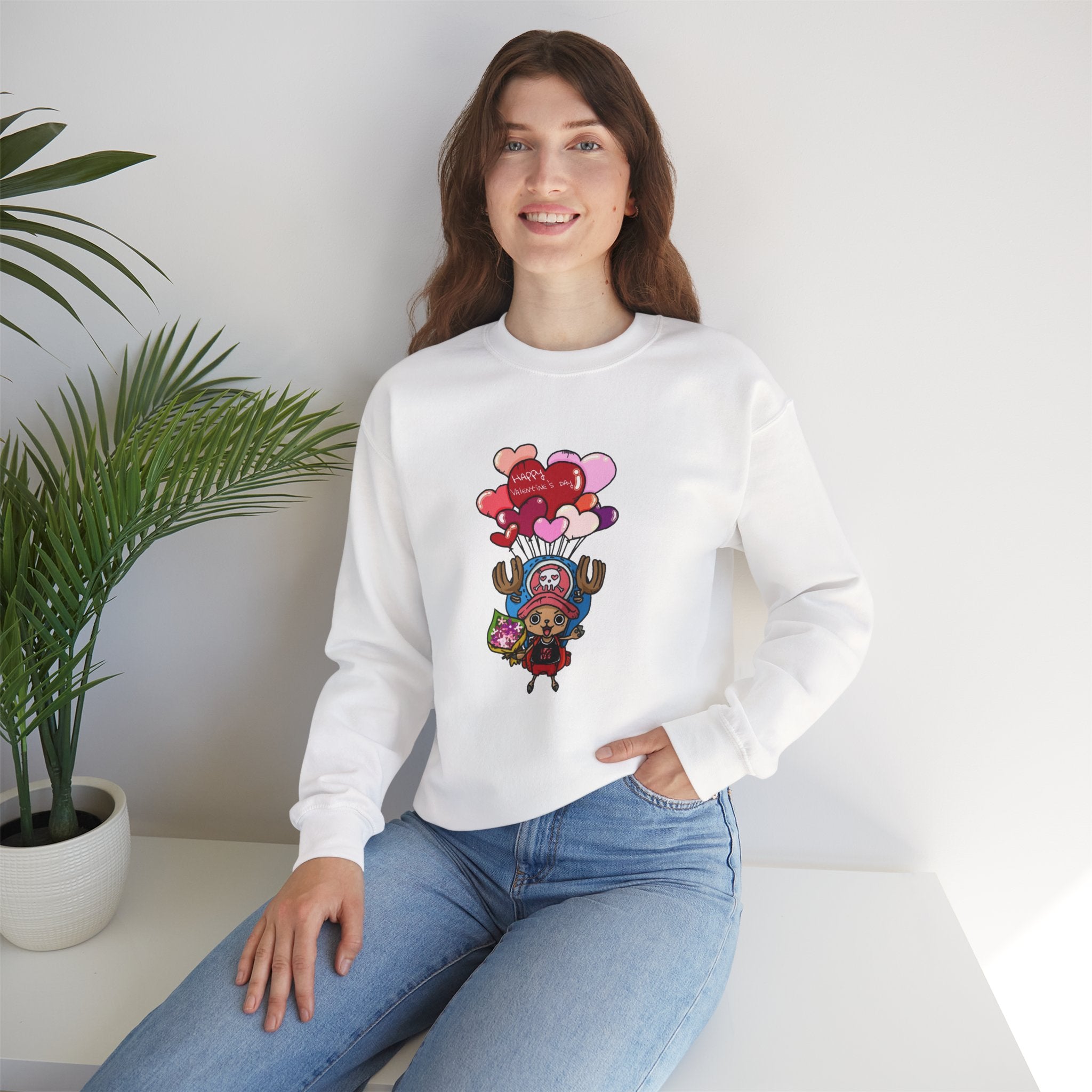Cute Reindeer Valentine Sweatshirt, Floating Balloons Love Design, Anime-Inspired Crewneck, Happy Valentines Day Pullover, Premium Cotton