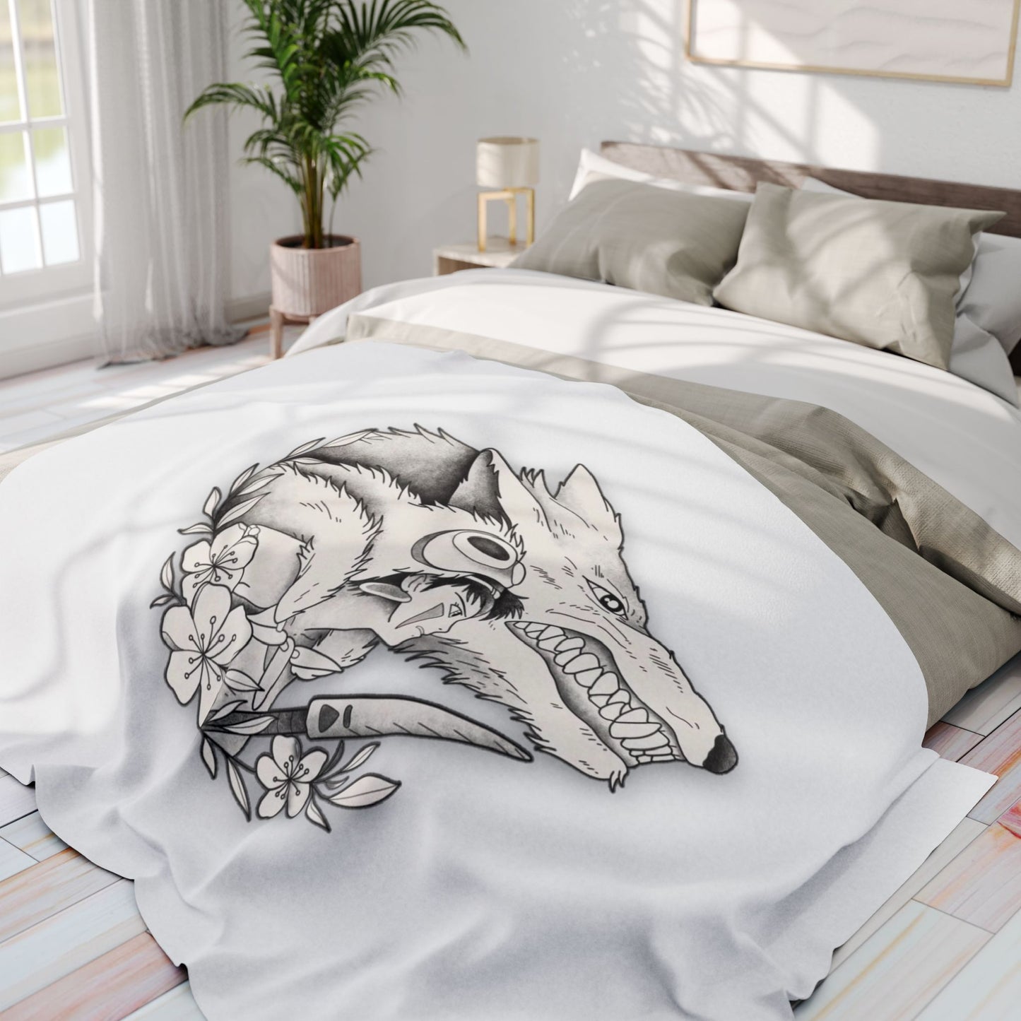 Wolf Princess Blanket, Forest Spirit Warrior Art Throw, Nature Anime Fleece, Cozy Premium Polyester