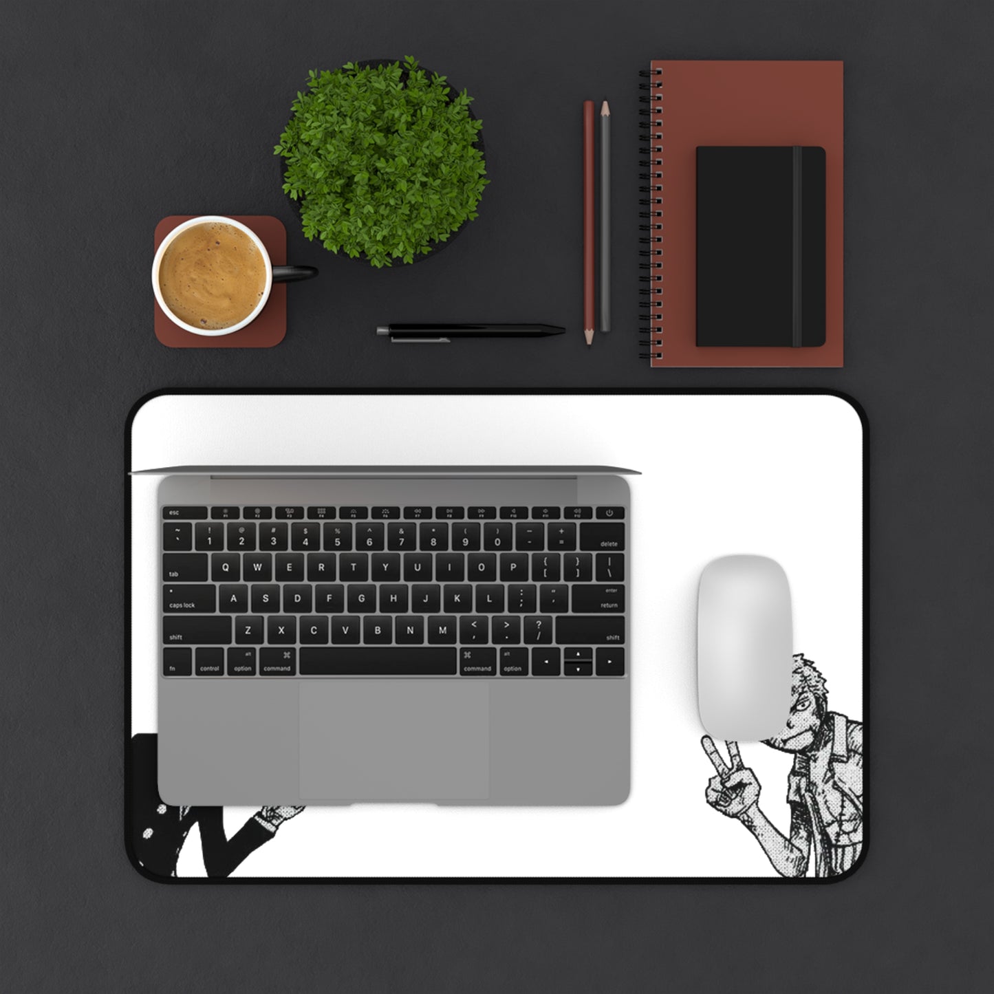 Funny Duo V Sign Desk Mat, Comedy Anime Design, Minimalist Gaming Mouse Pad, Premium Neoprene